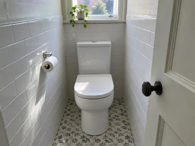 Clean white toilet in a tiled bathroom with patterned floor and window in Botany